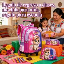 Set de 3 Piezas Mochila Escolar Infantil para Niños y Niñas, Mochila Escolar con Ruedas Opcional, Incluye Bolsa de Almuerzo Térmica y Estuche para Lápices, Diseño de Dibujos Animados de Astronauta Fútbol Gato Kawaii, Gran Capacidad Ergonómica, para Estudiantes de Primaria, Ideal para Regalo de Inicio de Clases - GX-3T-4-16-morado+l - Ver 2