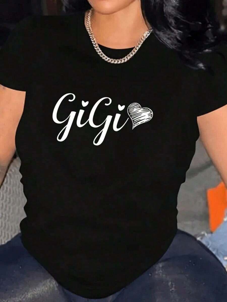 Playera minimalista moderna 1 pieza, camiseta de mujer con estampado de corazón Gigi, cuello redondo, camiseta casual de algodón, tejido de punto de elasticidad media, corte regular para damas, para primavera/verano/otoño, Día de San Valentín, Día de los Caídos, 4 de julio, Día del Trabajo.