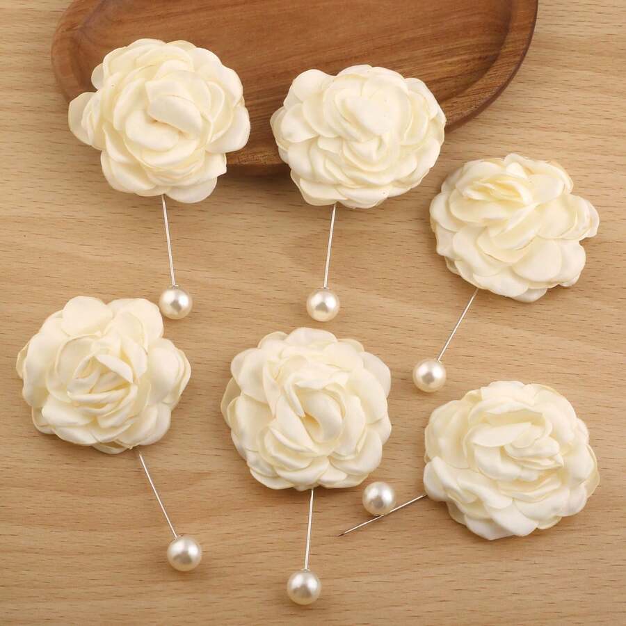 1pc Elegant Faux Pearl Ivory Flower Lapel Pin Brooch Accessory For Men's Suit, Wedding - Cream - View 1