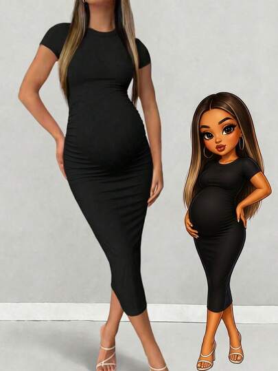 Parara Maternity Dress, Fitted, Slimming, Elegant, Versatile For Outdoor Wear Black Summer