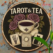 2D Flat Design, 1-Piece Round Vintage Tea Metal Wall Decor Sign - 8x8inch Aluminum Decoration Featuring Roses, Teacups, And Symbol Patterns, Rustic Black Background, Suitable For Home, Cafe, Bar, Garden, Or Outdoor Spaces, Outdoor Wall Decoration| Mysterious Style Decoration| Durable Metal Sign, Metal Wall Art Decoration, Perfectly Suited For Room Decor, 2D Flat Design, Perfectly Suited For Room Decor WZUP - 1cp - 查看 8