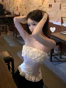 波点荷叶边露脐抹胸上衣，无袖露肩夏季新款女式休闲上衣 白色 - 白色 - 查看 1