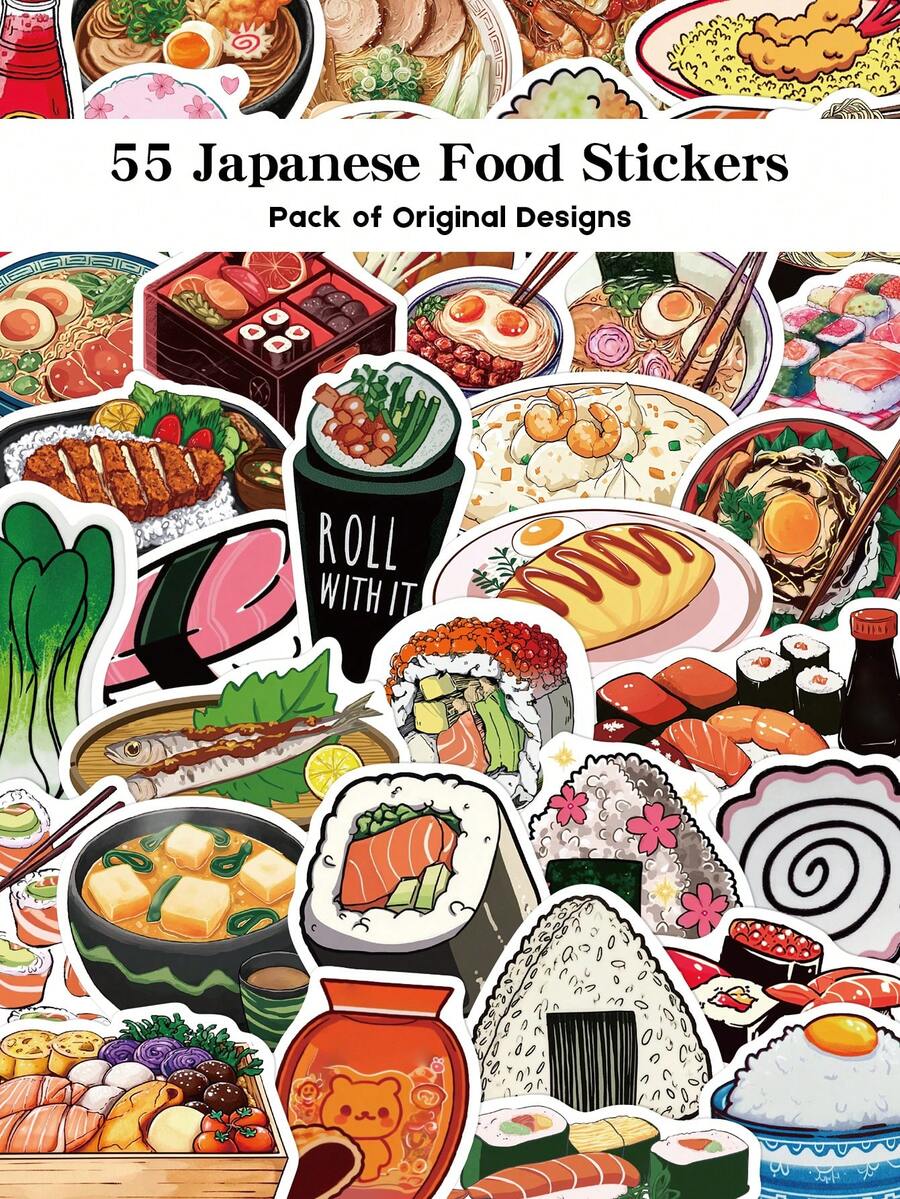 YWWBLD 55张日式食物贴纸,可用于笔记本电脑、行李箱、收纳盒、剪贴簿、装饰、DIY、涂鸦贴纸 - 彩色 - 查看 1