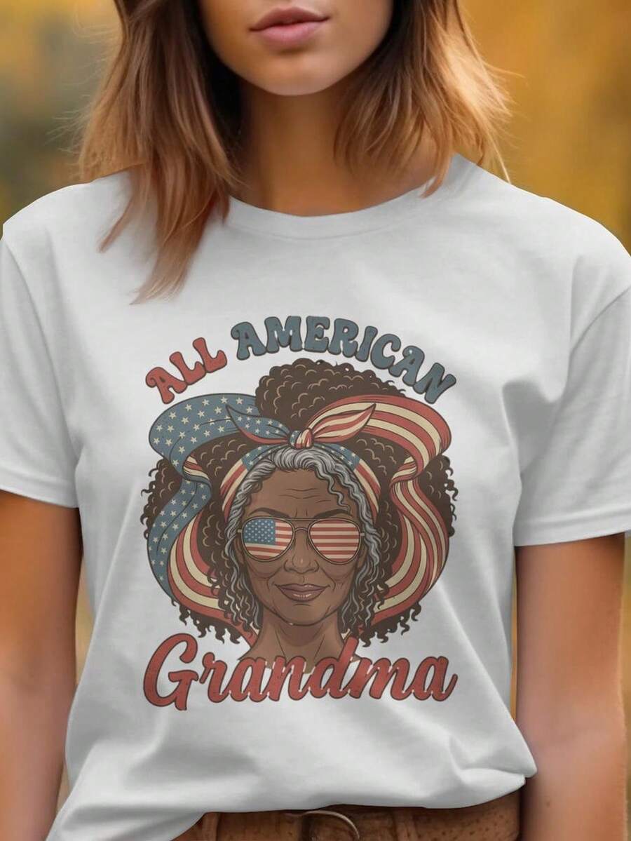 Camiseta de abuela totalmente americana, camiseta patriótica africana americana para abuela, camiseta con la bandera de EE. UU. y gafas de sol. Camiseta unisex de algodón puro de 220 g, peso ideal para todas las estaciones, apta tanto para hombres como para mujeres. Tejido duradero de alta calidad, suave al tacto y de larga duración. Parte superior transpirable. Adecuada para la primavera y el verano de las mujeres, vacaciones, Día de la Madre, Día de la Independencia. - Blanco - Ver 1