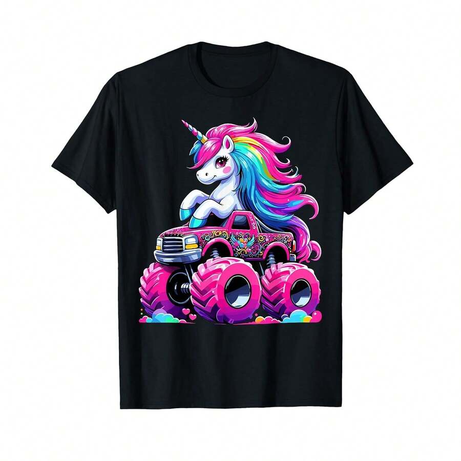 Camiseta unisex de manga corta, Camiseta con diseño de unicornio montando un monster truck, camisetas para hombre, Spiderman, , camiseta para mujer, Romwe para hombre, boho chic, regalos para maestros, camiseta para mujer, ropa curvy para hombre, y2k - Negro - Ver 1