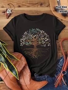 Women's Casual T-Shirt With Tree Of Life Print, Round Neck And Short Sleeves, Comfortable And Breathable For Everyday Wear, Spiritual Nature And Tree Casual T-Shirt - 黑色 - 查看 3