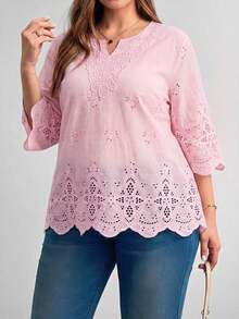 Blusa de verano de talla grande, de unicolor, hueca, bordada, casual, para vacaciones, temporada de bodas, nuevo diseño de playa para mujer - Rosa - Ver 5
