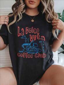 Women's Vintage Style Short Sleeve Casual T-Shirt - La Dolce Vita Coffee Club Italy Est. 1984, Round Neck, Summer Top, Machine Washable, Ladies' T-Shirts, Casual Wear, Modern Style, Comfortable Fit

BlackFashion - 黑色 - 查看 7