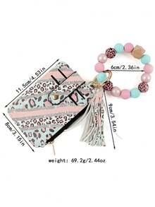 1pc Fashionable Leopard Print PU Leather Wallet, Silicone Bead Bracelet Wrist Chain Keychain, Accessory Mother's Day Gift - Multicolor - View 11