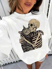 Women's T-Shirt With Cozy Cat And Skeleton Hug Print, Halloween Style, Cute And Spooky, Short Sleeve, Fashion Art Print, Loose Fit, Cotton Top, Unique Casual Wear - 白色 - 查看 5