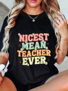 Women's 100% Cotton T-Shirts 2026100% Cotton Humorous Teacher Vibes Funny Classroom Nicest Mean Teacher T-Shirt Bachelorette Party - Black - View 1