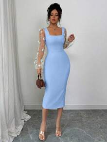 Vestido midi liso para mujer, con paneles de malla, mangas largas y detalles florales: elegante y con estilo, perfecto para el día a día, reuniones de negocios u ocasiones informales. - Azul - Ver 5