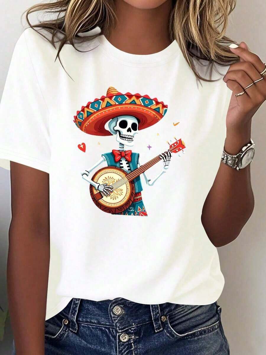 Women's Lightweight T-Shirt With Mexican Day Of The Dead Design - Soft Cotton Top With Skull And Banjo Print - Casual Outfit For Halloween Party Or Everyday Gothic Wear - Breathable And Comfortable For Daily Use - 100% Cotton, Best-Selling Choice Gothic Style - 白色 - 查看 1