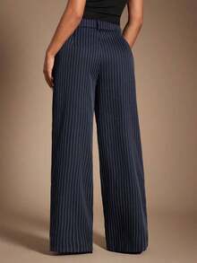 Pantalones de traje azul marino a rayas de estilo minimalista y moderno para mujer, pantalones de cintura alta, pantalones azules, pantalones a rayas, pantalones anchos de pierna ancha, pantalones casuales, pantalones de negocios, adecuados para salidas casuales, negocios, oficina, viajes y ocasiones formales - Azul - Ver 3