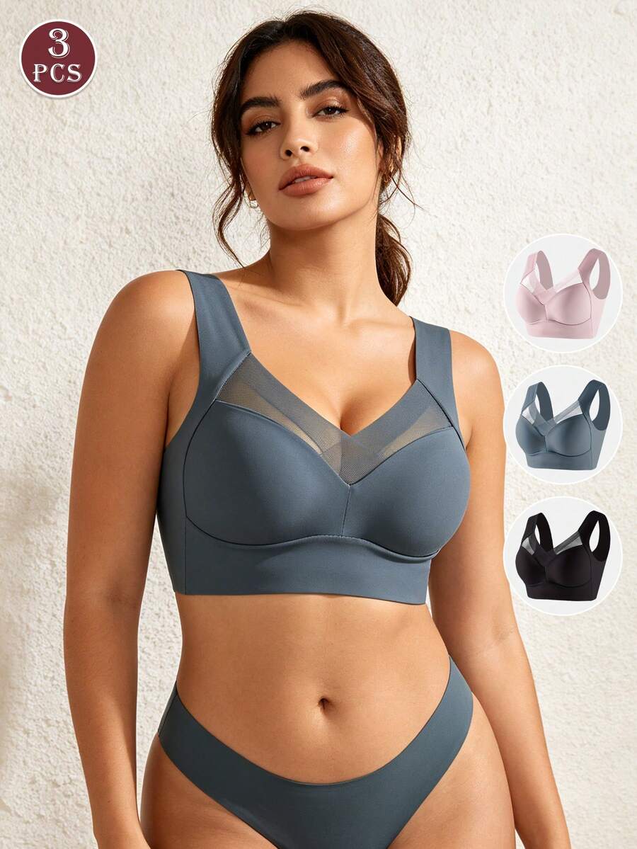 3pcs/Set Women Seamless Bras, Backless Design, Easy To Wear And Take Off, Lift And Support, Built-In Non-Removable Pads, Non-Adjustable Straps, 3-Color Set, Suitable For Yoga And Daily Wear - Multicolor - View 1