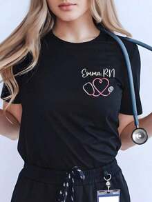 1 Personalized Licensed Nurse T-Shirt, Custom Name Nurse T-Shirt, Pocket RN Uniform, RN Graduation T-Shirt, New Nurse Uniform, Nurse Gift, Unisex Vintage Style Loose Cotton Short Sleeve BSN Nurse T-Shirt. Blouses. Casual Blouses For Women. - 黑色 - 查看 3