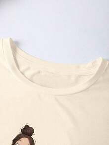 Plus Size Casual T-Shirt With A Print Of A Smiling, Healing Girl - Beis - View 3