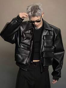 Stylish Men's Short Faux Leather Jacket With Ample Pockets. - Black - View 3