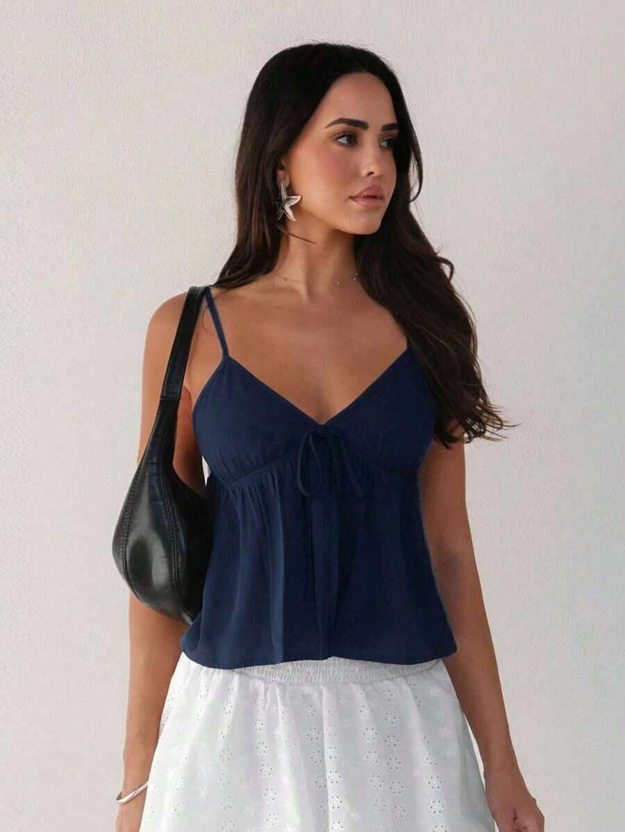 Camiseta de tirantes con volantes y lazo delantero de unicolor para mujer - Azul marino - Ver 1