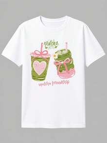 Women's Matcha Latte Print Short Sleeve Crew Neck T-Shirt - Light White Spring/Summer Casual Outfit For Christmas Party - Fan Outfit - Festive Fantasy Design And Iconic Quote - 白色 - 查看 2