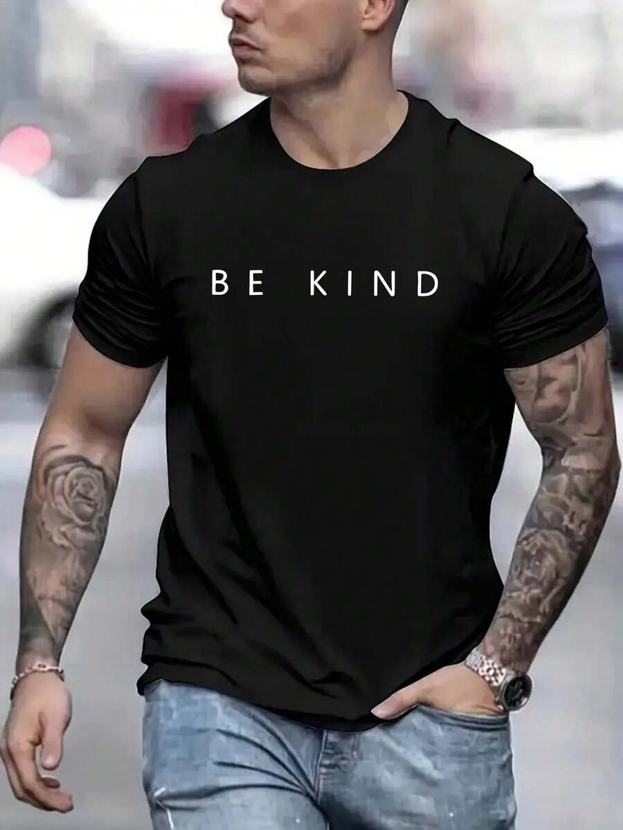 Men'S T-Shirt With 'Yingji' Pattern Print, Featuring A Unique Design For Men, Perfect For Casual Summer Wear, Stylish Short-Sleeve Comfortable And Versatile Summer Top. - 黑色 - 查看 1