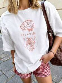 Camiseta de manga corta estampada para mujer, 100% algodón, estilo veraniego, tejido de algodón puro, diseño multifuncional, corte regular, 1 unidad. - Blanco - Ver 6