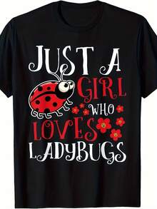 Retro Ladybug T-Shirt For Men And Women, Featuring A "Just A Girl Who Loves Ladybugs" Print And Cute Insect Design, Perfect For A Casual Summer Outfit. This Short-Sleeved, Crew-Neck T-Shirt Offers A , Urban Style And Is Available In Plus Sizes. - 黑色 - 查看 1