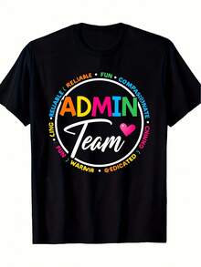Camiseta de equipo administrativo para mujer y (también para hombre) negra con estampado de círculos coloridos, manga corta, cuello redondo, camiseta cómoda para trabajo de oficina, uso casual, eventos de equipo, camisetas de moda casual Macadult para todas las estaciones. - Negro - Ver 6