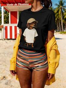 Camiseta de mujer, estilo gráfico casual de calle de manga corta, de verano lindo, conjunto de ropa de vacaciones para mujer, conjunto de ropa de primavera para mujer, conjunto de ropa de verano para mujer, conjunto de 2 piezas casual para mujer, conjunto de ropa de verano casual para mujer, conjunto de ropa de verano casual para mujer - Negro - Ver 1