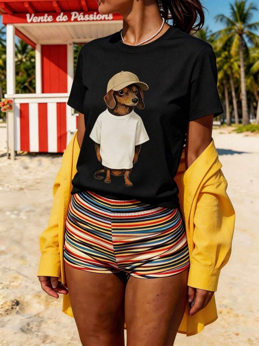Camiseta de mujer, estilo gráfico casual de calle de manga corta, de verano lindo, conjunto de ropa de vacaciones para mujer, conjunto de ropa de primavera para mujer, conjunto de ropa de verano para mujer, conjunto de 2 piezas casual para mujer, conjunto de ropa de verano casual para mujer, conjunto de ropa de verano casual para mujer - Negro - Ver 1
