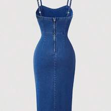 MOD Women's Plus Size Fitted Denim Dress With Spaghetti Straps And Asymmetrical Short Hem - Azul - Ver 3