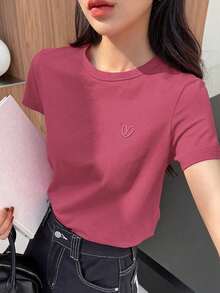 Y2K Style, Modern Style, The Newest Of 2026, Cute Style, Casual Style. Women's Loose-Fitting Casual Summer T-Shirt With Embroidered Heart And Letter Pattern, Red, 180g (S-XXXL) - 紫紅色 2 - 查看 6