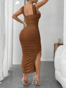 Vestido de graduación; Vestido ajustado de malla con superposición fruncida y abertura en el muslo, vestidos en tonos pastel para mujeres - Marrón - Ver 2