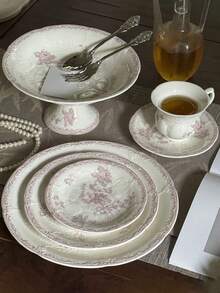 1 pieza Juego de vajilla de cerámica francesa retro rosa con relieve, que incluye plato de servir, taza de café y platillo, bol de arroz, bol de postre, vajilla, plato de cerámica, serie de taza de café y platillo, plato de postre, regalo de vacaciones/recuerdo Vuelta al colegio - Multicolor - Ver 2