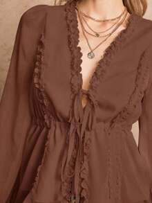 Blusa de manga larga con volantes, lazo delantero y bajo con volantes, unicolor, para primavera/verano - Marrón - Ver 4
