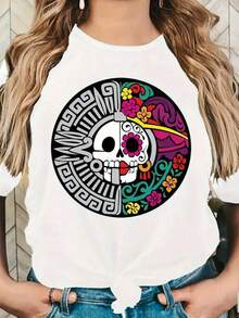 Camiseta de Mujer con Vibrante Diseño de Calavera Mexicana - Estampado Floral y de Calavera Colorido, Manga Corta, Cuello Redondo, para el Día de los Muertos, Halloween, Fiestas del Día de los Muertos - Camiseta Casual de Verano Lavable a Máquina - Blanco - Ver 1