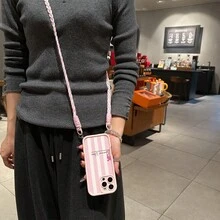 Convenient Lanyard Phone Case With Adjustable Lanyard And Shoulder Strap, Vibrant Pink Vertical Striped, Lightweight Shockproof TPU Protective Case For Apple Phones - Multicolor - View 2