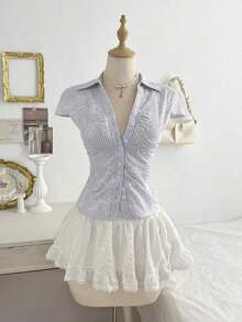 Camisa casual de manga corta con capucha, cintura ajustada con lazo delantero - Azul - Ver 9