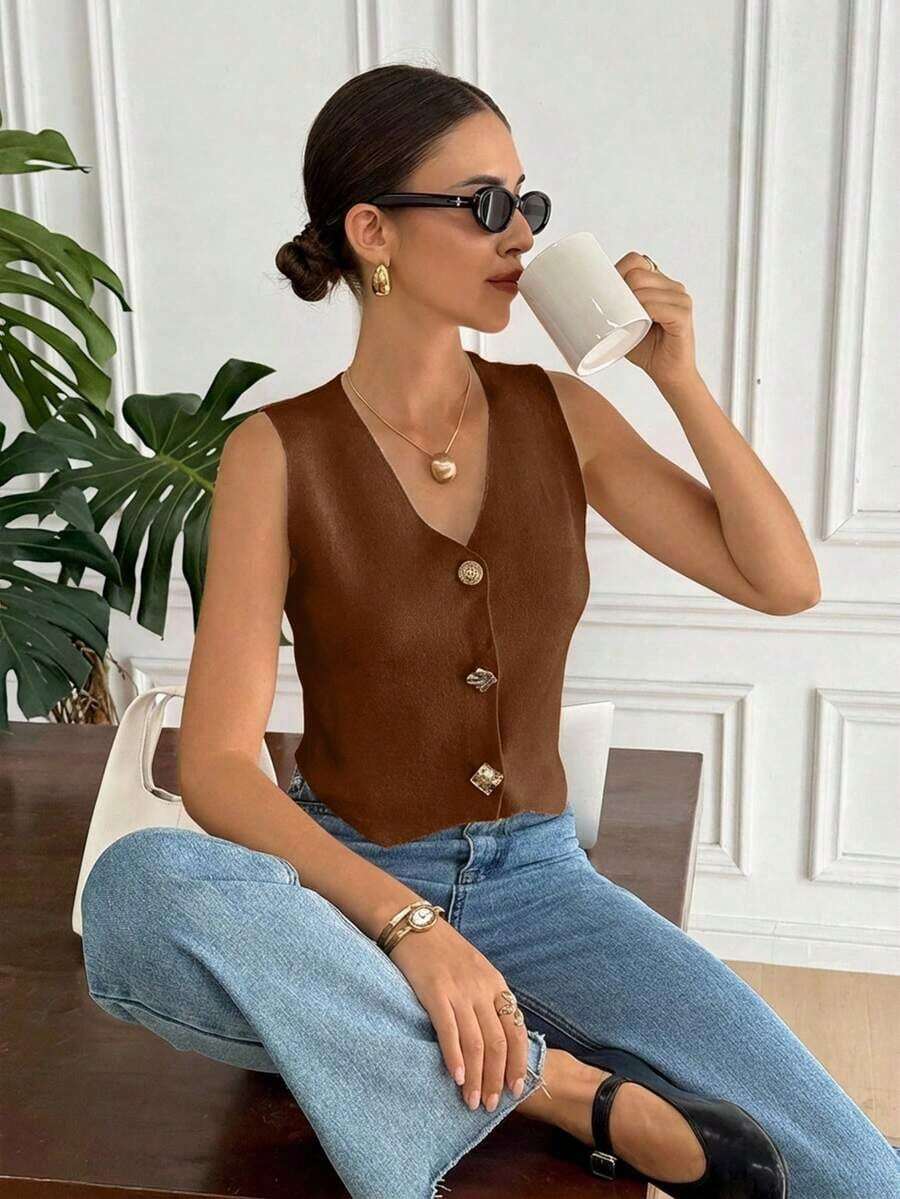 Chaleco elegante de mujer de unicolor con cuello en V sin mangas, decorado con botones metálicos, para verano, playa, vacaciones, estilo boho, tropical, casual, de oficina, de salida elegante, para la escuela y vacaciones, color albaricoque - Marrón - Ver 1