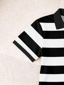 Blusa casual de mujer con cuello polo a rayas y manga corta - Blanco y Negro 2 - Ver 6