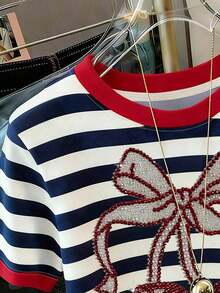 Camiseta casual de mujer de manga corta con cuello redondo y rayas - Multicolor 5 - Ver 5