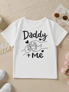 1 pieza Camiseta de manga corta para niñas, estilo veraniego, con estampado de dibujos animados de "Daddy + Me" con puño y corazón, impresión a doble cara, top casual versátil NY-DX4322180g 100% algodón - Blanco - Ver 3