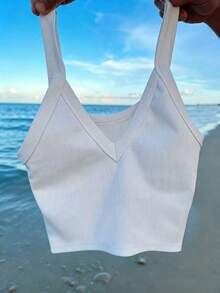 Top de tirantes corto de punto acanalado de unicolor minimalista para uso casual y diario de verano para mujeres - Blanco 3 - Ver 5