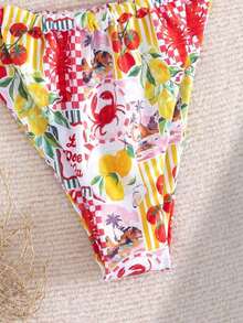 Swim Mod Conjunto de bikini de dos piezas con estampado de frutas y verduras en todo el diseño, con escote halter y lazos, para vacaciones de verano - Multicolor 5 - Ver 3