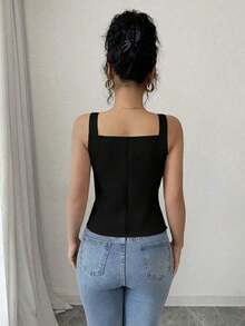 Nuevo Llegado para el Día de San Valentín 2025 Blusa de Tirantes con Cuello en V Profundo, Lazo en la Cintura y Moño para Mujer, Estilizante - Negro - Ver 8