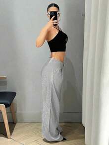 ICON Pantalones de pierna ancha de cintura baja, ajuste holgado, largo hasta el piso, gris con rayas verticales para mujer estilo Y2K - Gris - Ver 4