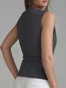 Camiseta de tirantes de diseño minimalista y unicolor para mujer - Gris Oscuro - Ver 6