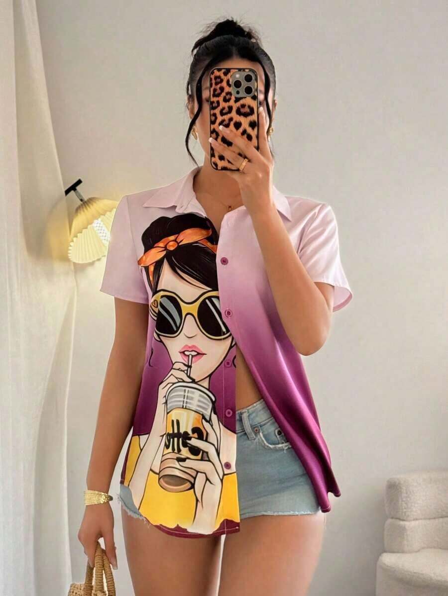 Blusa de mujer con estampado de chica de moda, manga corta y abotonadura, top de manga corta - Multicolor 2 - Ver 1