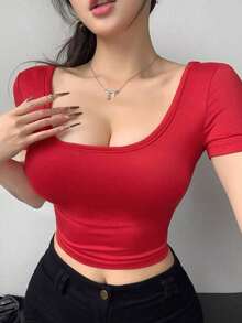 Camiseta informal de manga corta de mujer de ajuste ceñido de unicolor con cuello redondo, tops cortos de mujer - Rojo - Ver 4