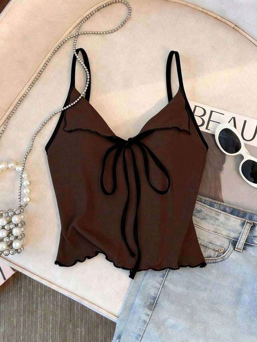 Top de tirantes con lazo y ribete de lechuga en contraste, elegante y ajustado, top para salir para mujeres, apto para el estilo del milenio - Marrón - Ver 1
